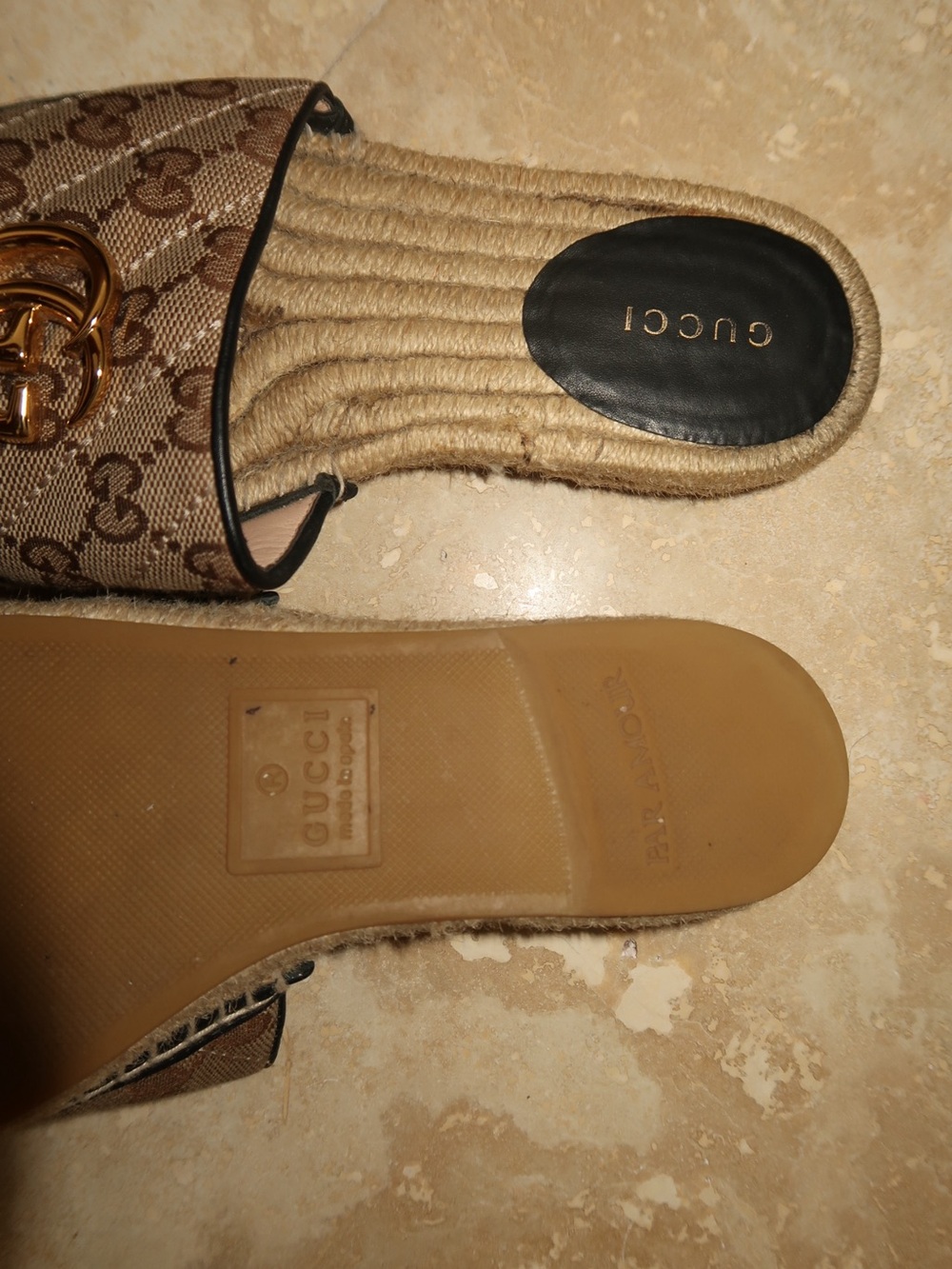 Gucci Beige Brown Monogram Espadrille Slide Sandals with Gold Double G - Picture 3 of 4
